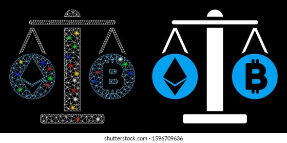 Glowing mesh cryptocurrency weight icon with glare effect. Abstract illuminated model of cryptocurrency weight. Shiny wire frame triangular mesh cryptocurrency weight icon.