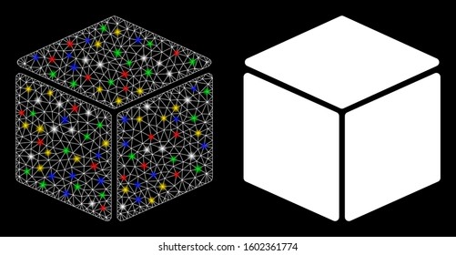 Glowing mesh cube icon with glow effect. Abstract illuminated model of cube. Shiny wire frame triangular mesh cube icon. Vector abstraction on a black background.