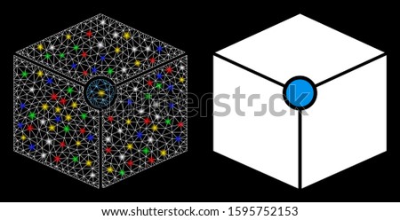 Glowing mesh cube vertex icon with lightspot effect. Abstract illuminated model of cube vertex. Shiny wire frame polygonal mesh cube vertex icon. Vector abstraction on a black background.
