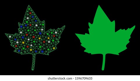 Glowing mesh currant leaf icon with glow effect. Abstract illuminated model of currant leaf. Shiny wire frame triangular mesh currant leaf icon. Vector abstraction on a black background.