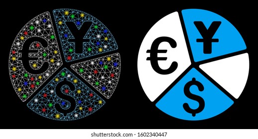 Glowing mesh currency pie chart icon with glow effect. Abstract illuminated model of currency pie chart. Shiny wire carcass polygonal mesh currency pie chart icon.