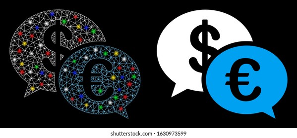 Glowing mesh currency transaction messages icon with glare effect. Abstract illuminated model of currency transaction messages. Shiny wire carcass polygonal network currency transaction messages icon.