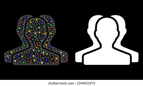 Glowing mesh customer group icon with glitter effect. Abstract illuminated model of customer group. Shiny wire carcass polygonal mesh customer group icon. Vector abstraction on a black background.