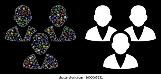Glowing mesh customer group icon with glow effect. Abstract illuminated model of customer group. Shiny wire frame triangular mesh customer group icon. Vector abstraction on a black background.