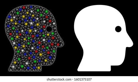 Glowing mesh customer profile icon with glitter effect. Abstract illuminated model of customer profile. Shiny wire frame polygonal mesh customer profile icon. Vector abstraction on a black background.