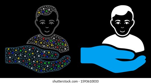 Glowing mesh customer support hand icon with glitter effect. Abstract illuminated model of customer support hand. Shiny wire carcass triangular network customer support hand icon.