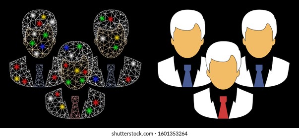 Glowing mesh customers icon with glitter effect. Abstract illuminated model of customers. Shiny wire frame polygonal mesh customers icon. Vector abstraction on a black background.
