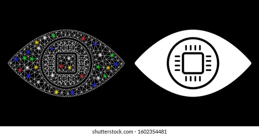 Glowing mesh cyborg eye icon with lightspot effect. Abstract illuminated model of cyborg eye. Shiny wire carcass polygonal mesh cyborg eye icon. Vector abstraction on a black background.