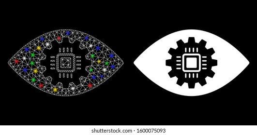 Glowing mesh cyborg eye lens icon with lightspot effect. Abstract illuminated model of cyborg eye lens. Shiny wire carcass polygonal mesh cyborg eye lens icon.