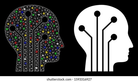 Glowing mesh cyborg head circuit icon with glow effect. Abstract illuminated model of cyborg head circuit. Shiny wire frame polygonal network cyborg head circuit icon.