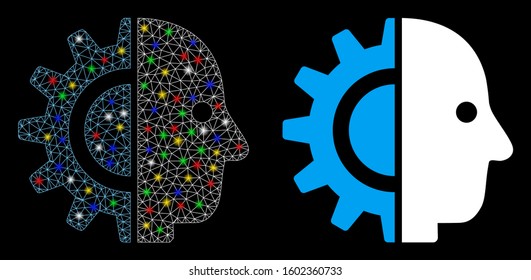 Glowing mesh cyborg head icon with glow effect. Abstract illuminated model of cyborg head. Shiny wire carcass polygonal mesh cyborg head icon. Vector abstraction on a black background.