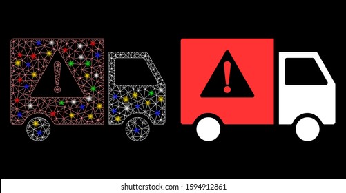 Glowing mesh danger transport truck icon with lightspot effect. Abstract illuminated model of danger transport truck. Shiny wire frame triangular mesh danger transport truck icon.