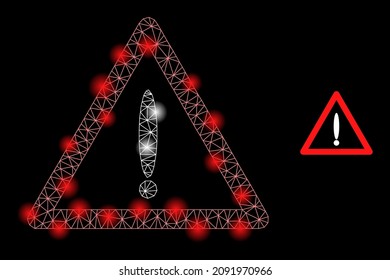 Glowing mesh danger web icon with flare light spots. Illuminated model is done using danger vector icon. Glowing carcass web polygonal danger, on a black background.