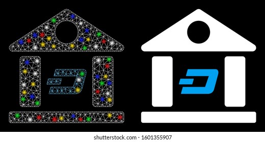 Glowing mesh Dash bank building icon with sparkle effect. Abstract illuminated model of Dash bank building. Shiny wire carcass triangular mesh Dash bank building icon.