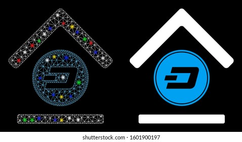 Glowing mesh Dash bank icon with glare effect. Abstract illuminated model of Dash bank. Shiny wire carcass triangular mesh Dash bank icon. Vector abstraction on a black background.