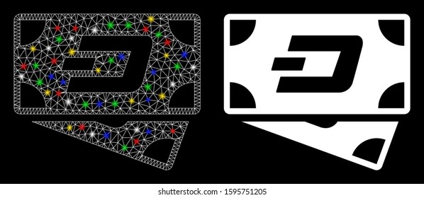 Glowing mesh Dash banknotes icon with sparkle effect. Abstract illuminated model of Dash banknotes. Shiny wire frame polygonal mesh Dash banknotes icon. Vector abstraction on a black background.
