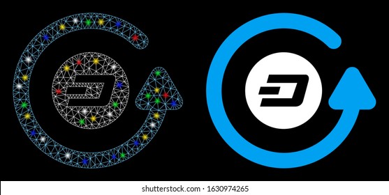 Glowing mesh Dash chargeback icon with glare effect. Abstract illuminated model of Dash chargeback. Shiny wire carcass triangular mesh Dash chargeback icon. Vector abstraction on a black background.