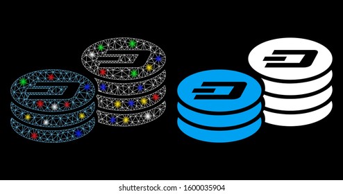 Glowing mesh Dash coin columns icon with glitter effect. Abstract illuminated model of Dash coin columns. Shiny wire frame polygonal mesh Dash coin columns icon.
