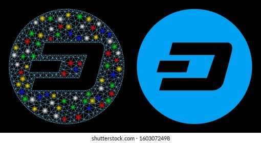 Glowing mesh Dash coin icon with lightspot effect. Abstract illuminated model of Dash coin. Shiny wire carcass triangular mesh Dash coin icon. Vector abstraction on a black background.
