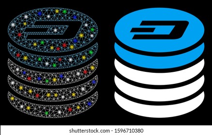Glowing mesh Dash coin stack icon with glare effect. Abstract illuminated model of Dash coin stack. Shiny wire frame polygonal mesh Dash coin stack icon. Vector abstraction on a black background.