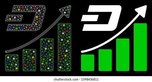 Glowing mesh Dash growth trend icon with glow effect. Abstract illuminated model of Dash growth trend. Shiny wire frame polygonal mesh Dash growth trend icon. Vector abstraction on a black background.