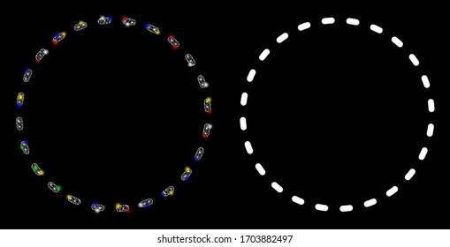 Glowing mesh dashed circle with glow effect. Abstract illuminated model of dashed circle icon. White wire frame triangular network dashed circle and base icon.