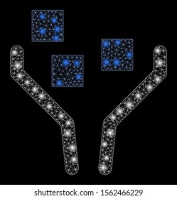 Glowing mesh data filtering with glow effect. Abstract illuminated model of data filtering icon. Shiny wire carcass polygonal network data filtering. Vector abstraction on a black background.