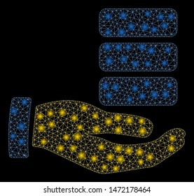 Glowing mesh data provider hand with lightspot effect. Abstract illuminated model of data provider hand icon. Shiny wire frame triangular mesh data provider hand.