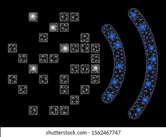 Glowing mesh data transmission with glow effect. Abstract illuminated model of data transmission icon. Shiny wire carcass triangular mesh data transmission. Vector abstraction on a black background.