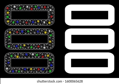 Glowing mesh database icon with glare effect. Abstract illuminated model of database. Shiny wire carcass polygonal mesh database icon. Vector abstraction on a black background.