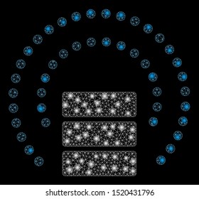 Glowing mesh database sphere shield with glitter effect. Abstract illuminated model of database sphere shield icon. Shiny wire carcass triangular mesh database sphere shield.