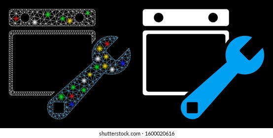 Glowing mesh date setup icon with glow effect. Abstract illuminated model of date setup. Shiny wire carcass triangular network date setup icon. Vector abstraction on a black background.