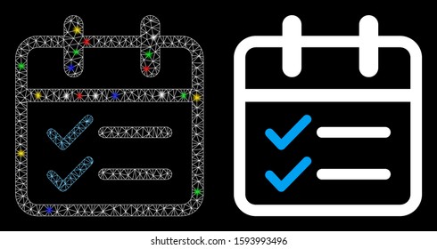 Glowing mesh day tasks icon with glow effect. Abstract illuminated model of day tasks. Shiny wire frame triangular mesh day tasks icon. Vector abstraction on a black background.