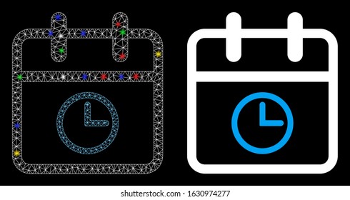 Glowing mesh day time icon with glare effect. Abstract illuminated model of day time. Shiny wire carcass polygonal mesh day time icon. Vector abstraction on a black background.