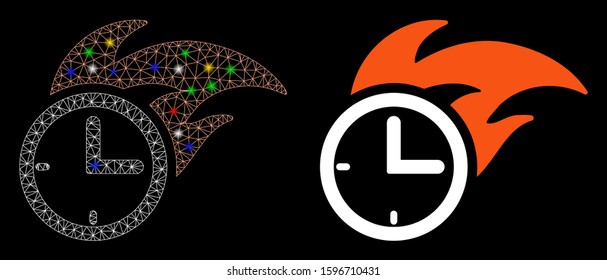 Glowing mesh deadline fired clock icon with sparkle effect. Abstract illuminated model of deadline fired clock. Shiny wire frame polygonal mesh deadline fired clock icon.
