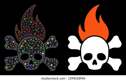 Glowing mesh death fire icon with sparkle effect. Abstract illuminated model of death fire. Shiny wire frame polygonal network death fire icon. Vector abstraction on a black background.