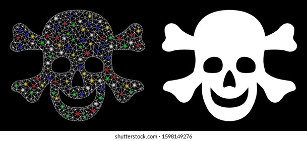 Glowing mesh death icon with glare effect. Abstract illuminated model of death. Shiny wire carcass polygonal mesh death icon. Vector abstraction on a black background.
