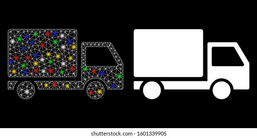 Glowing mesh delivery lorry icon with glow effect. Abstract illuminated model of delivery lorry. Shiny wire frame triangular mesh delivery lorry icon. Vector abstraction on a black background.