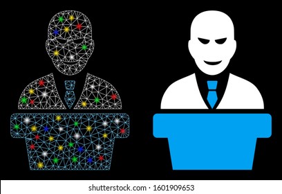 Glowing mesh demagogue icon with glitter effect. Abstract illuminated model of demagogue. Shiny wire frame polygonal network demagogue icon. Vector abstraction on a black background.