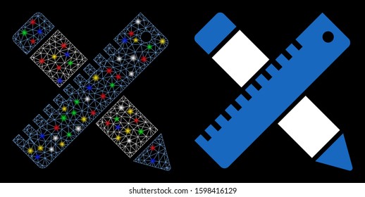 Glowing mesh design tools icon with sparkle effect. Abstract illuminated model of design tools. Shiny wire frame polygonal network design tools icon. Vector abstraction on a black background.