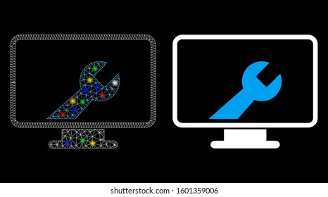 Glowing mesh desktop options icon with glare effect. Abstract illuminated model of desktop options. Shiny wire frame polygonal network desktop options icon. Vector abstraction on a black background.