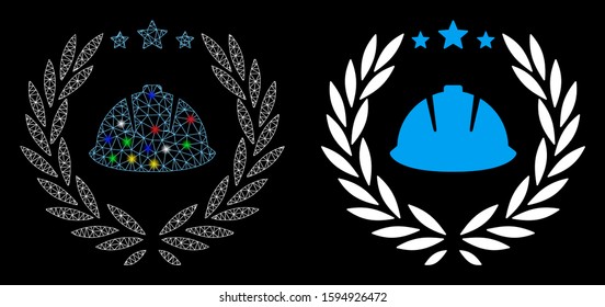 Glowing mesh developer laureal wreath icon with lightspot effect. Abstract illuminated model of developer laureal wreath. Shiny wire frame polygonal network developer laureal wreath icon.