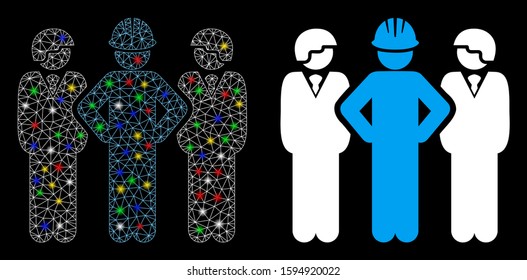Glowing mesh developer team icon with glare effect. Abstract illuminated model of developer team. Shiny wire frame triangular network developer team icon. Vector abstraction on a black background.