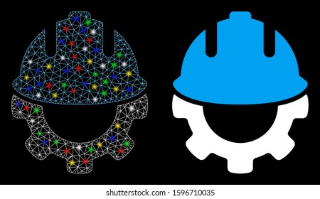 Glowing mesh development icon with glare effect. Abstract illuminated model of development. Shiny wire frame polygonal mesh development icon. Vector abstraction on a black background.