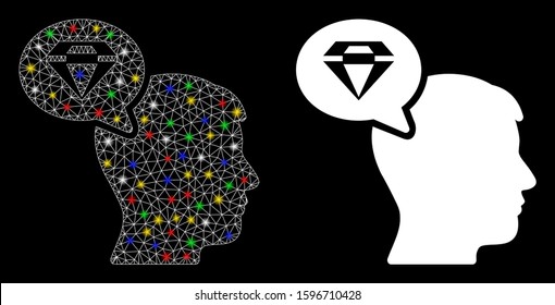Glowing mesh diamond thinking icon with sparkle effect. Abstract illuminated model of diamond thinking. Shiny wire carcass polygonal mesh diamond thinking icon.