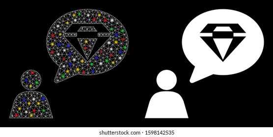 Glowing mesh diamond thinking person icon with glitter effect. Abstract illuminated model of diamond thinking person. Shiny wire frame triangular network diamond thinking person icon.