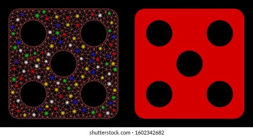 Glowing mesh dice icon with lightspot effect. Abstract illuminated model of dice. Shiny wire frame triangular mesh dice icon. Vector abstraction on a black background.