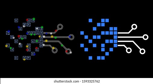 Glowing mesh digital circuit transformation icon with lightspot effect. Abstract illuminated model of digital circuit transformation.