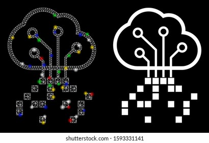 Glowing mesh digital cloud icon with glare effect. Abstract illuminated model of digital cloud. Shiny wire carcass polygonal network digital cloud icon. Vector abstraction on a black background.