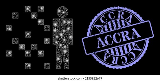 Glowing mesh digital man synthesis with glowing spots, and Accra blue round grunge stamp seal. Vector model created from digital man synthesis icon. Glowing frame polygonal digital man synthesis.